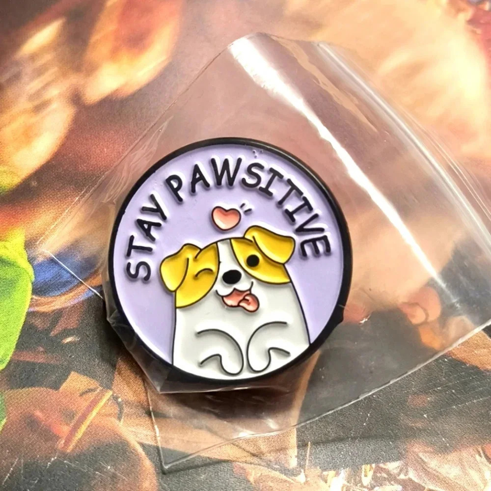 Purple with yellow white dog Stay Pawsitive enamel pin backpack clothes hat bag